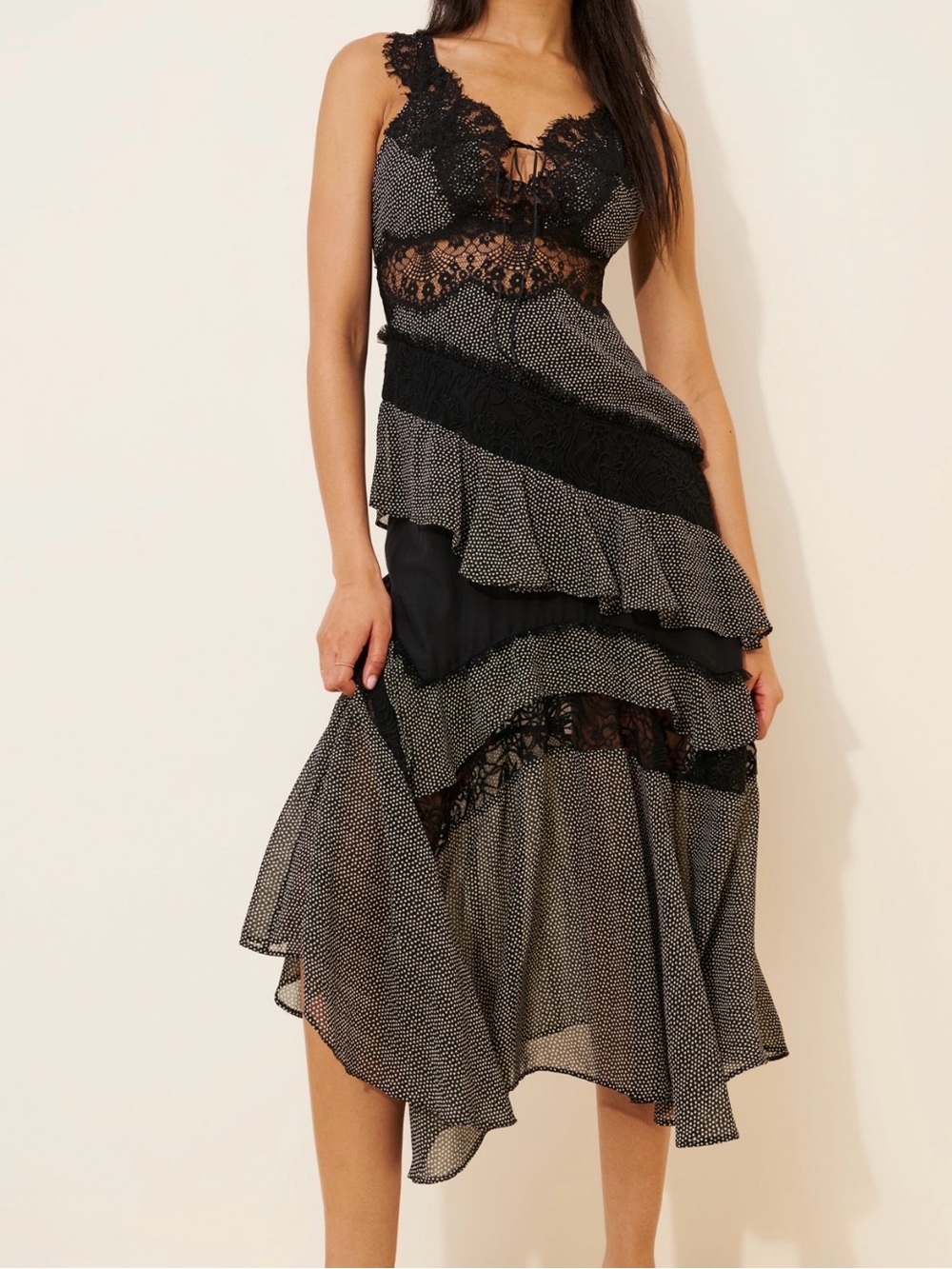 Anthropologie Black Polka Dot Lace-Trim Tiered Midi Dress
